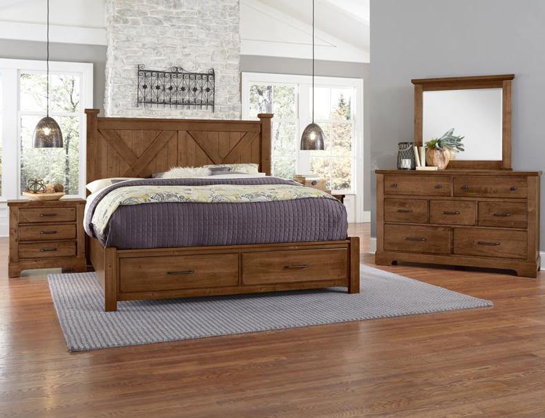 Vaughan-Bassett Cool Rustic King Barndoor X Headboard with Storage Footboard Bed in Amber