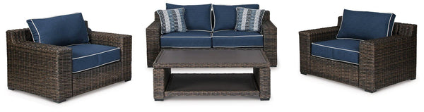 Grasson Lane Brown/Blue Outdoor Loveseat, 2 Lounge Chairs and Coffee Table image