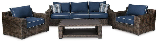 Grasson Lane Brown/Blue Outdoor Sofa, 2 Lounge Chairs and Coffee Table image